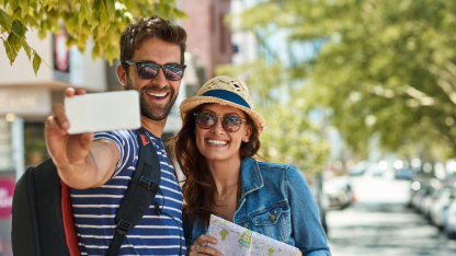 Couple, selfie and travel with portrait and smartphone photography, people and memory for social media smile