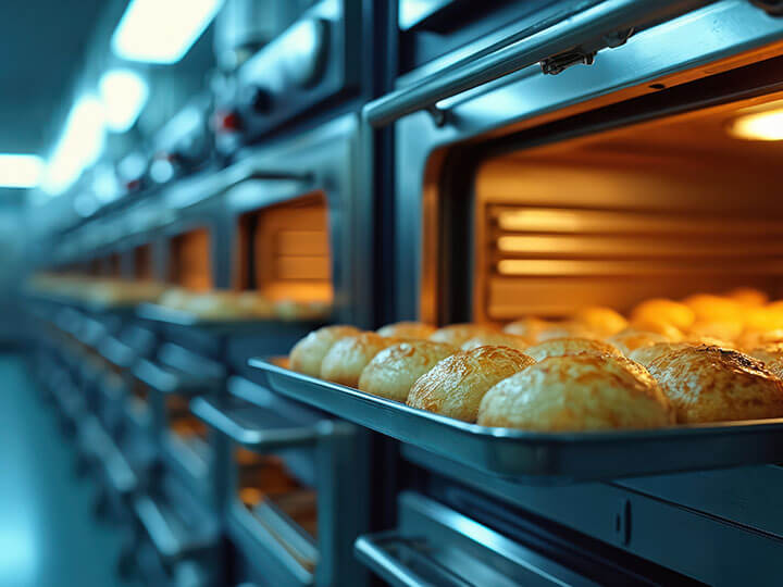 Row of commercial kitchen ovens baking golden rolls on trays