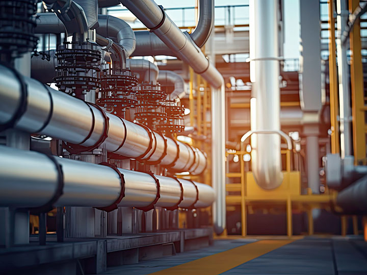 Industrial plant infrastructure with pressurized steel pipes running down an aisleway